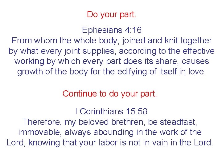 Do your part. Ephesians 4: 16 From whom the whole body, joined and knit