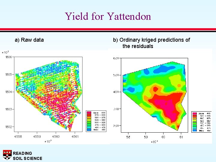 Yield for Yattendon a) Raw data READING SOIL SCIENCE b) Ordinary kriged predictions of