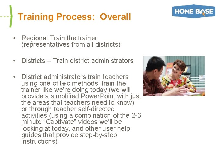 Training Process: Overall • Regional Train the trainer (representatives from all districts) • Districts