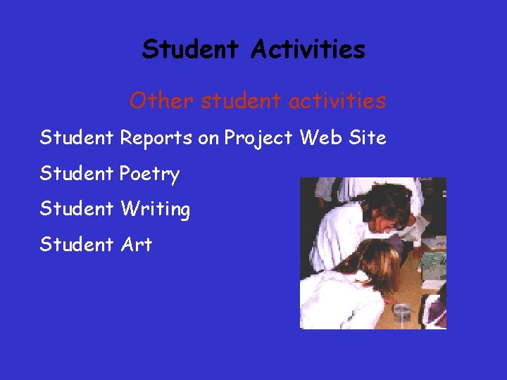 Student Activities Other student activities Student Reports on Project Web Site Student Poetry Student Student Activities Other student activities Student Reports on Project Web Site Student Poetry Student