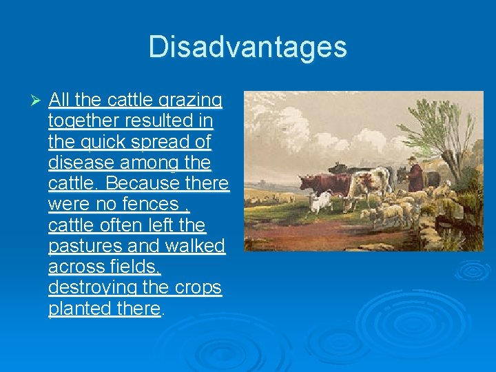 Disadvantages Ø All the cattle grazing together resulted in the quick spread of disease