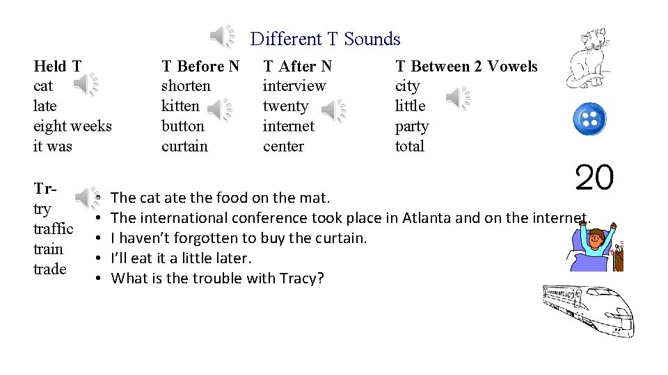 Different T Sounds Held T cat late eight weeks it was Trtry traffic train