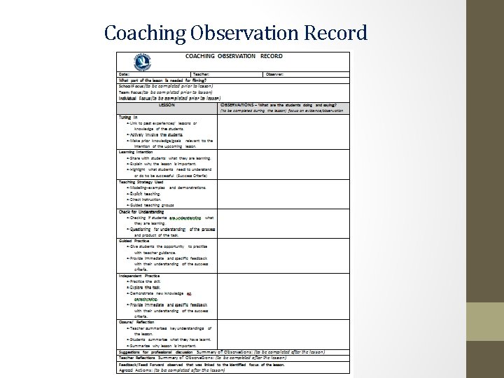 Coaching Observation Record 
