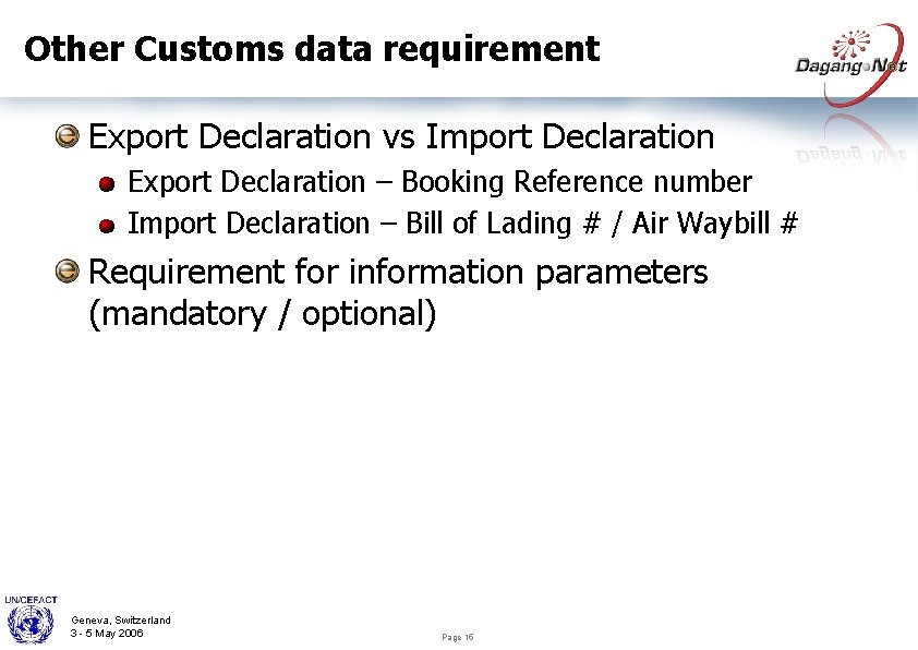 Other Customs data requirement Export Declaration vs Import Declaration Export Declaration – Booking Reference