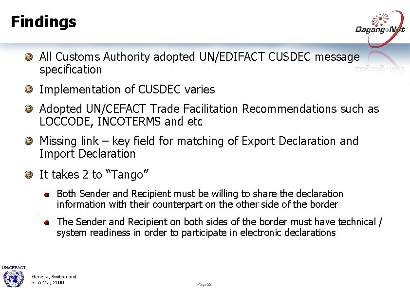 Findings All Customs Authority adopted UN/EDIFACT CUSDEC message specification Implementation of CUSDEC varies Adopted