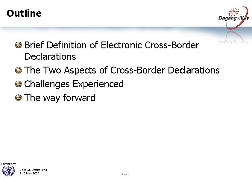Outline Brief Definition of Electronic Cross-Border Declarations The Two Aspects of Cross-Border Declarations Challenges