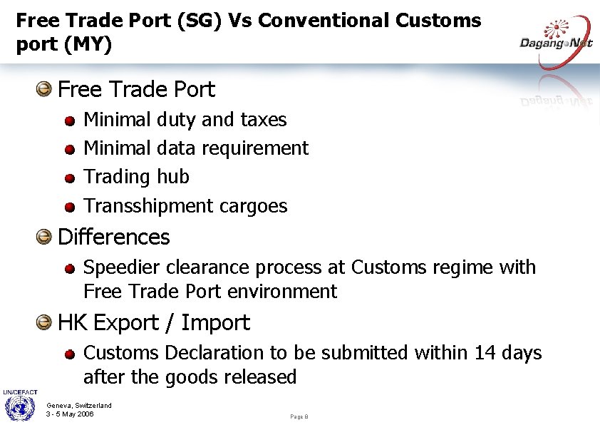 Free Trade Port (SG) Vs Conventional Customs port (MY) Free Trade Port Minimal duty