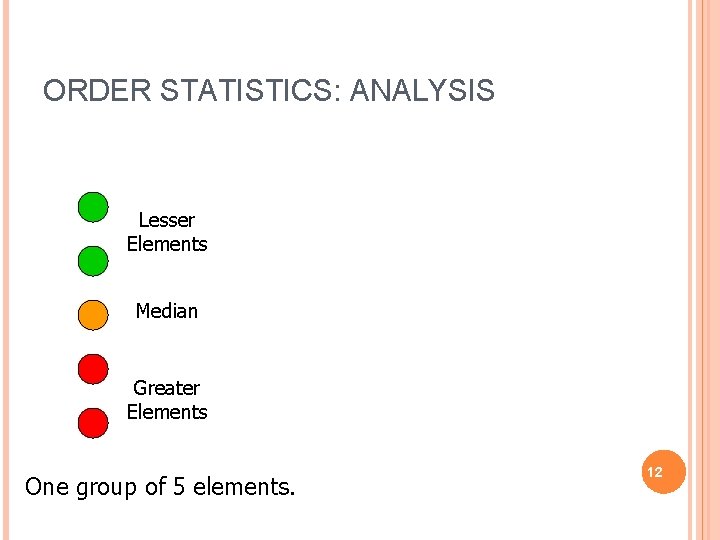 ORDER STATISTICS: ANALYSIS Lesser Elements Median Greater Elements One group of 5 elements. 12