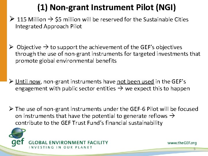 (1) Non-grant Instrument Pilot (NGI) Ø 115 Million $5 million will be reserved for