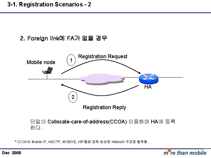 3 -1. Registration Scenarios - 2 2. Foreign link에 FA가 없을 경우 Mobile node