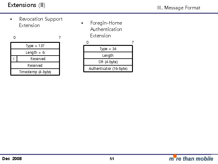 Extensions (II) • III. Message Format Revocation Support Extension 0 • Foregin-Home Authentication Extension