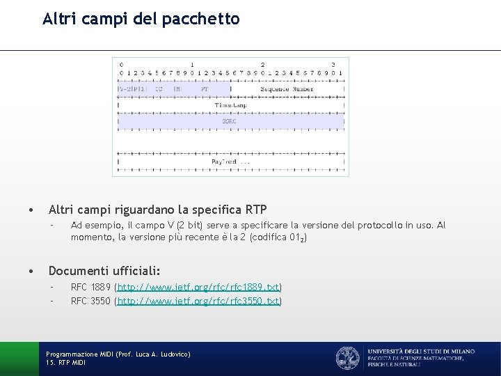 Altri campi del pacchetto • Altri campi riguardano la specifica RTP – • Ad