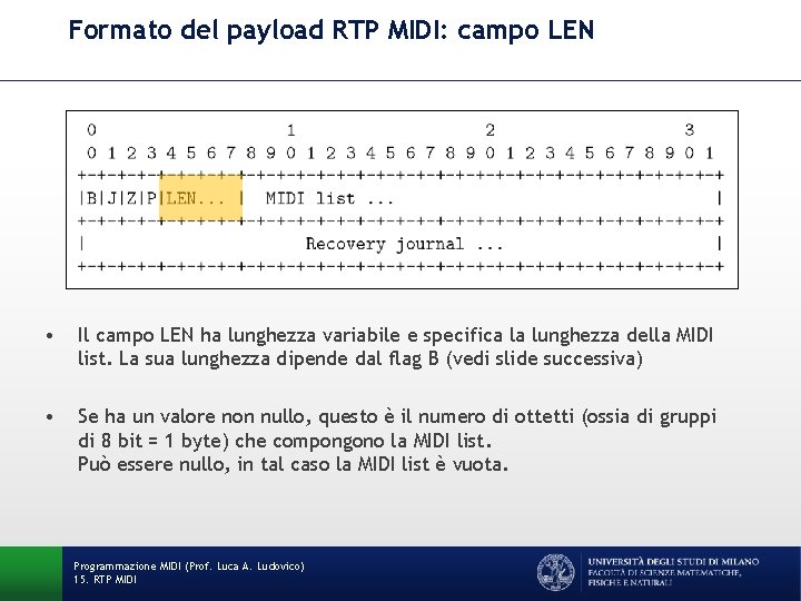 Formato del payload RTP MIDI: campo LEN • Il campo LEN ha lunghezza variabile