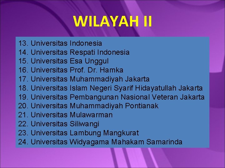 WILAYAH II 13. Universitas Indonesia 14. Universitas Respati Indonesia 15. Universitas Esa Unggul 16.