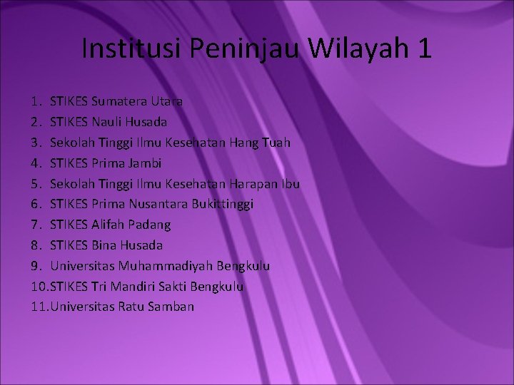Institusi Peninjau Wilayah 1 1. STIKES Sumatera Utara 2. STIKES Nauli Husada 3. Sekolah