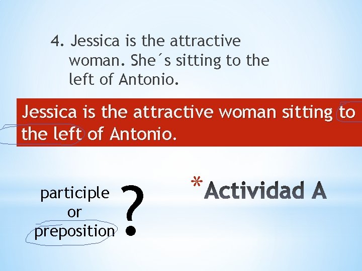 4. Jessica is the attractive woman. She´s sitting to the left of Antonio. Jessica