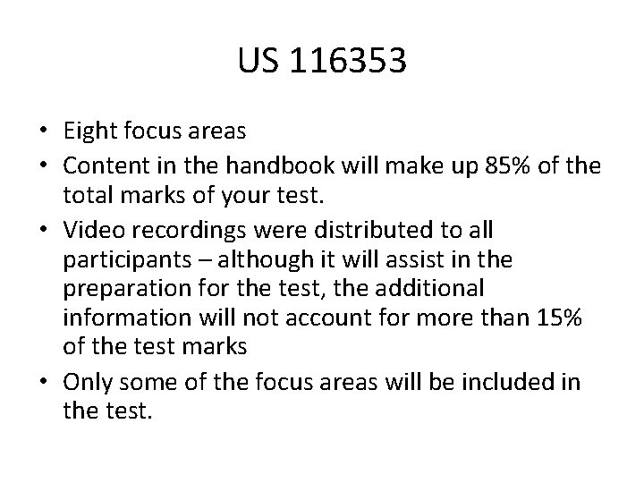 US 116353 • Eight focus areas • Content in the handbook will make up