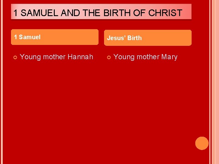 1 SAMUEL AND THE BIRTH OF CHRIST 1 Samuel Young mother Hannah Jesus’ Birth
