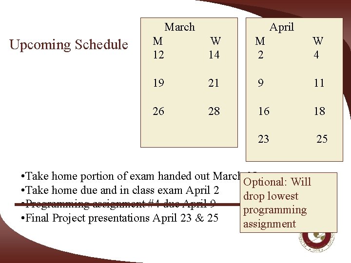 March Upcoming Schedule April M 12 W 14 M 2 W 4 19 21 March Upcoming Schedule April M 12 W 14 M 2 W 4 19 21