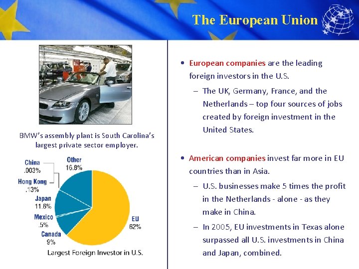 The European Union • European companies are the leading foreign investors in the U.