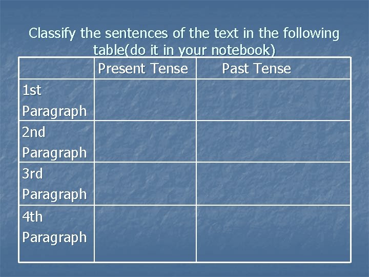 Classify the sentences of the text in the following table(do it in your notebook)