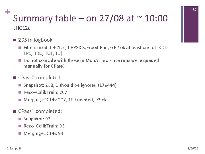 + Summary table – on 27/08 at ~ 10: 00 32 LHC 12 c