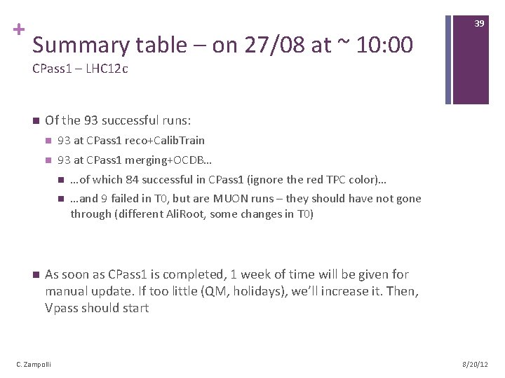 + Summary table – on 27/08 at ~ 10: 00 39 CPass 1 –
