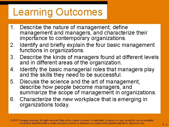 Learning Outcomes 1. Describe the nature of management, define management and managers, and characterize