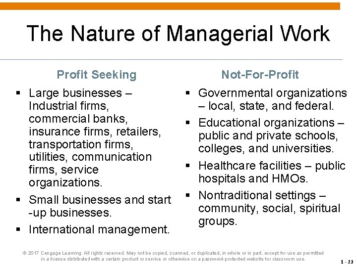 The Nature of Managerial Work Profit Seeking § Large businesses – Industrial firms, commercial