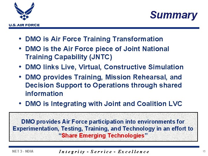 Summary • DMO is Air Force Training Transformation • DMO is the Air Force