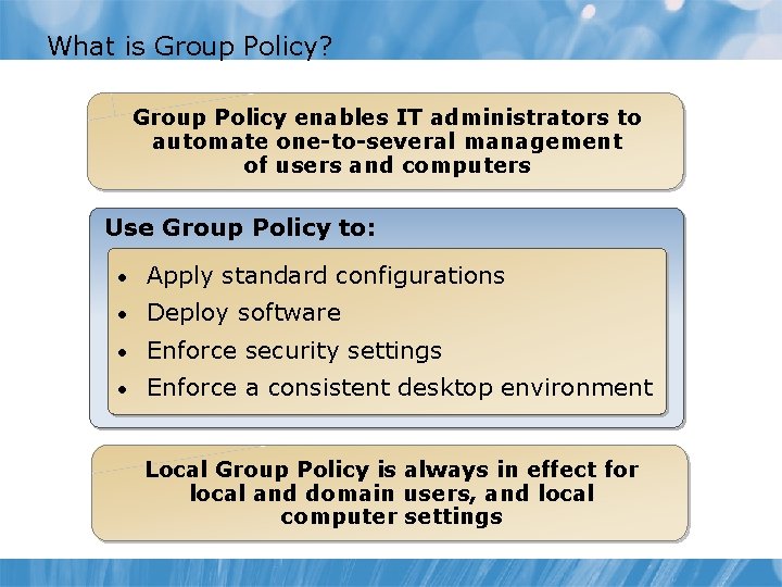 What is Group Policy? Group Policy enables IT administrators to automate one-to-several management of