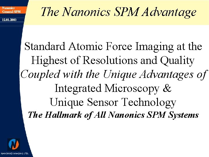 Nanonics General SPM 12. 01. 2003 The Nanonics SPM Advantage Standard Atomic Force Imaging