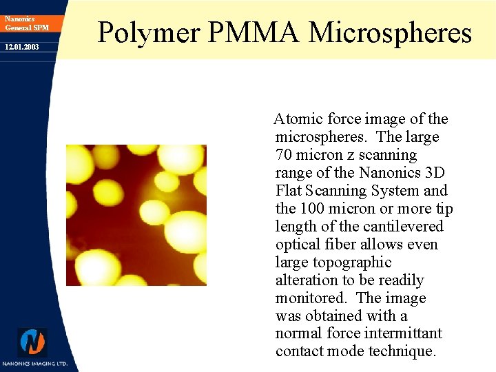 Nanonics General SPM 12. 01. 2003 Polymer PMMA Microspheres Atomic force image of the