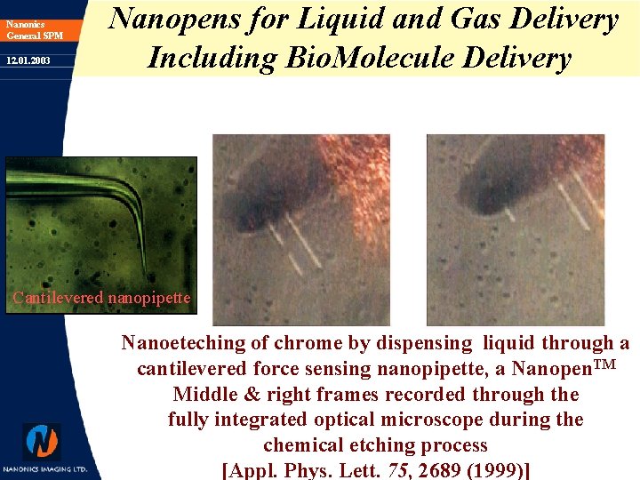 Nanonics General SPM 12. 01. 2003 Nanopens for Liquid and Gas Delivery Including Bio.