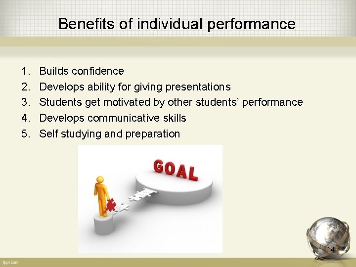 Benefits of individual performance 1. 2. 3. 4. 5. Builds confidence Develops ability for