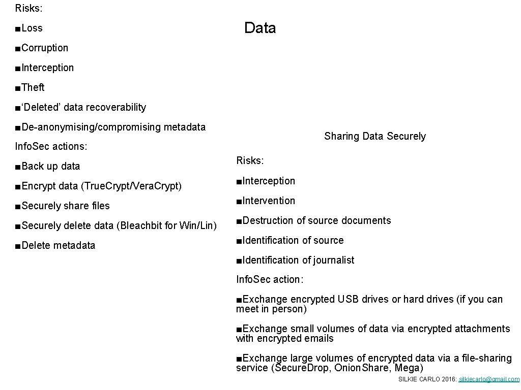 Risks: ■Loss Data ■Corruption ■Interception ■Theft ■‘Deleted’ data recoverability ■De-anonymising/compromising metadata Sharing Data Securely Risks: ■Loss Data ■Corruption ■Interception ■Theft ■‘Deleted’ data recoverability ■De-anonymising/compromising metadata Sharing Data Securely