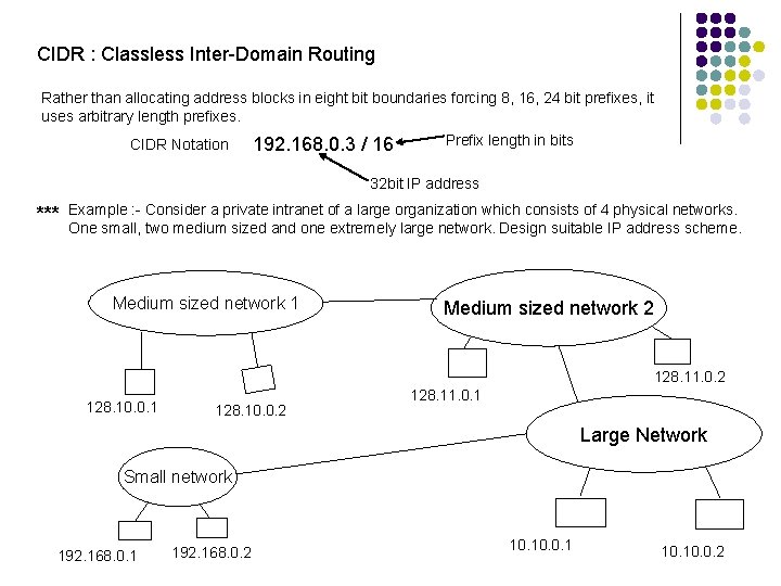 CIDR : Classless Inter-Domain Routing Rather than allocating address blocks in eight bit boundaries