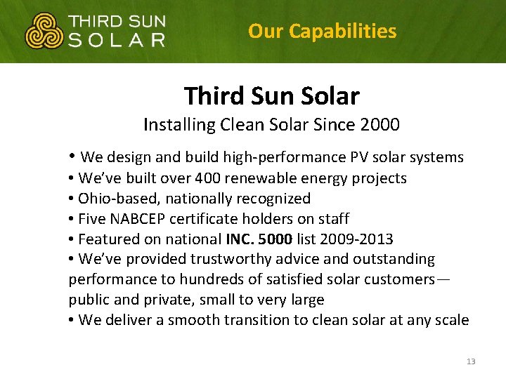 Our Capabilities Third Sun Solar Installing Clean Solar Since 2000 • We design and