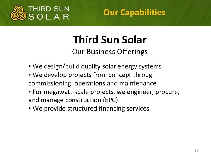 Our Capabilities Third Sun Solar Our Business Offerings • We design/build quality solar energy