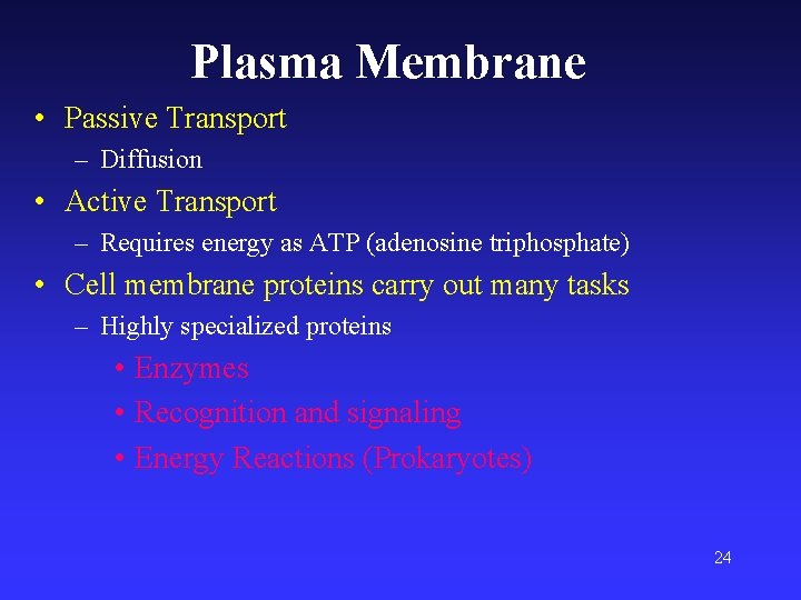 Plasma Membrane • Passive Transport – Diffusion • Active Transport – Requires energy as