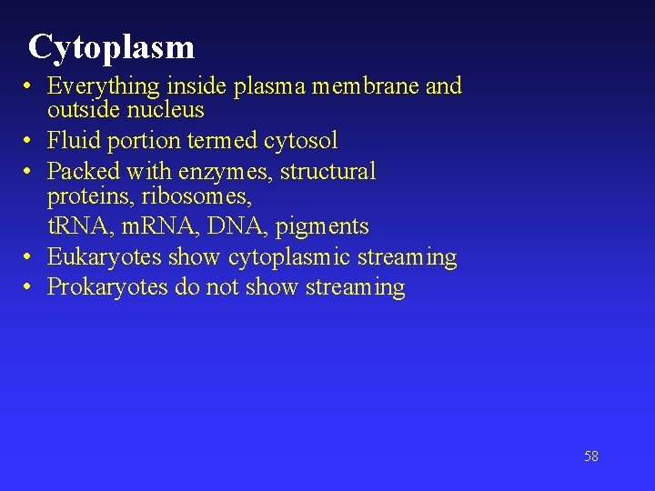 Cytoplasm • Everything inside plasma membrane and outside nucleus • Fluid portion termed cytosol