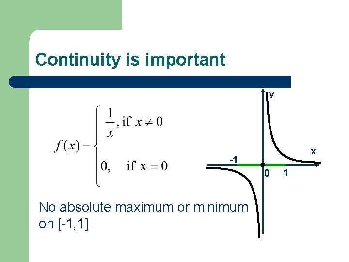 Continuity is important y x -1 0 No absolute maximum or minimum on [-1,