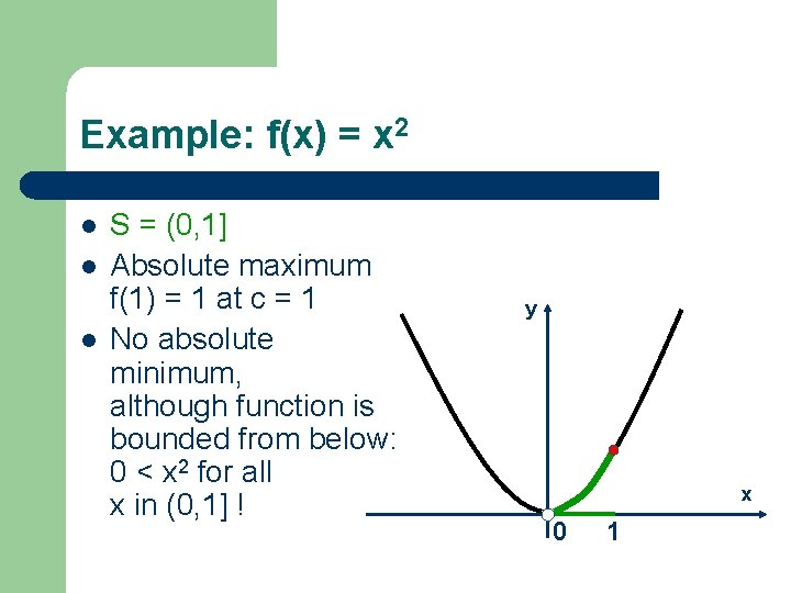 Example: f(x) = x 2 l l l S = (0, 1] Absolute maximum