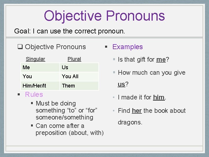 Objective Pronouns Goal: I can use the correct pronoun. q Objective Pronouns Singular Plural
