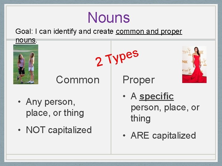 Nouns Goal: I can identify and create common and proper nouns. s e p