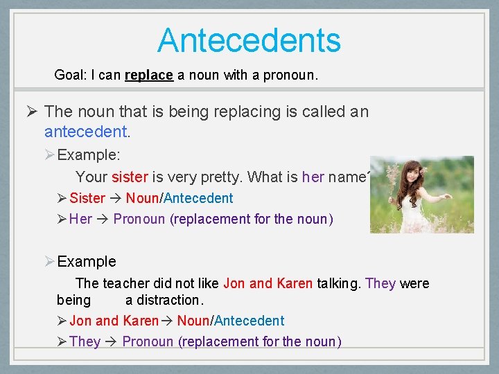 Antecedents Goal: I can replace a noun with a pronoun. Ø The noun that