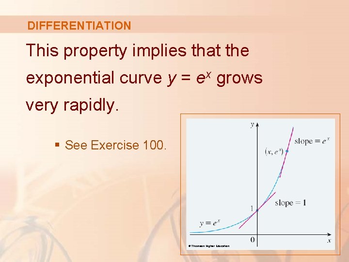 DIFFERENTIATION This property implies that the exponential curve y = ex grows very rapidly.