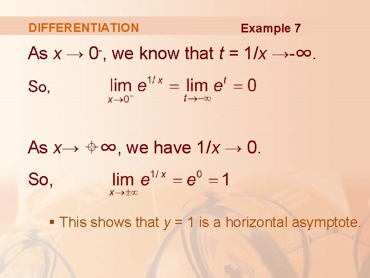 DIFFERENTIATION Example 7 As x → 0 -, we know that t = 1/x