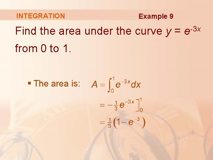 INTEGRATION Example 9 Find the area under the curve y = e-3 x from