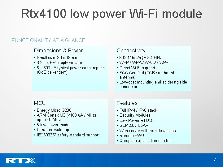 Rtx 4100 low power Wi-Fi module FUNCTIONALITY AT A GLANCE Dimensions & Power Connectivity